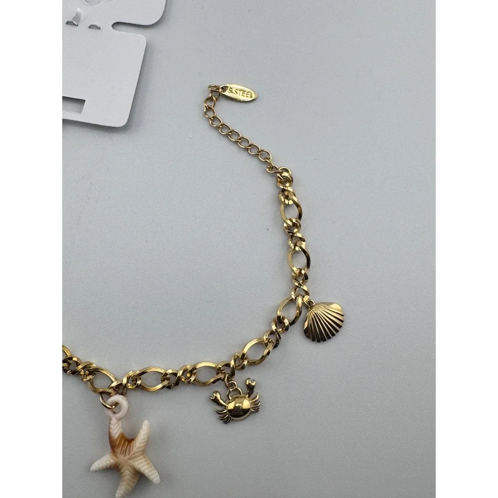 14k Gold Plated Stainless Steel Sea Life Charm Bracelet Starfish Dolphin Crab
